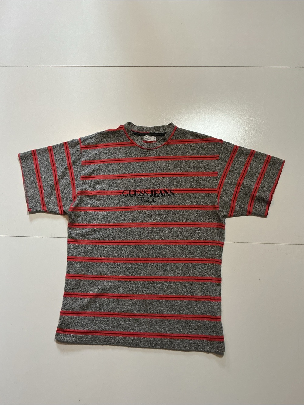 Vintage 90s Guess Jeans By Georges Marciano Striped Spellout Made In USA T-Shirt - Picture 1 of 7